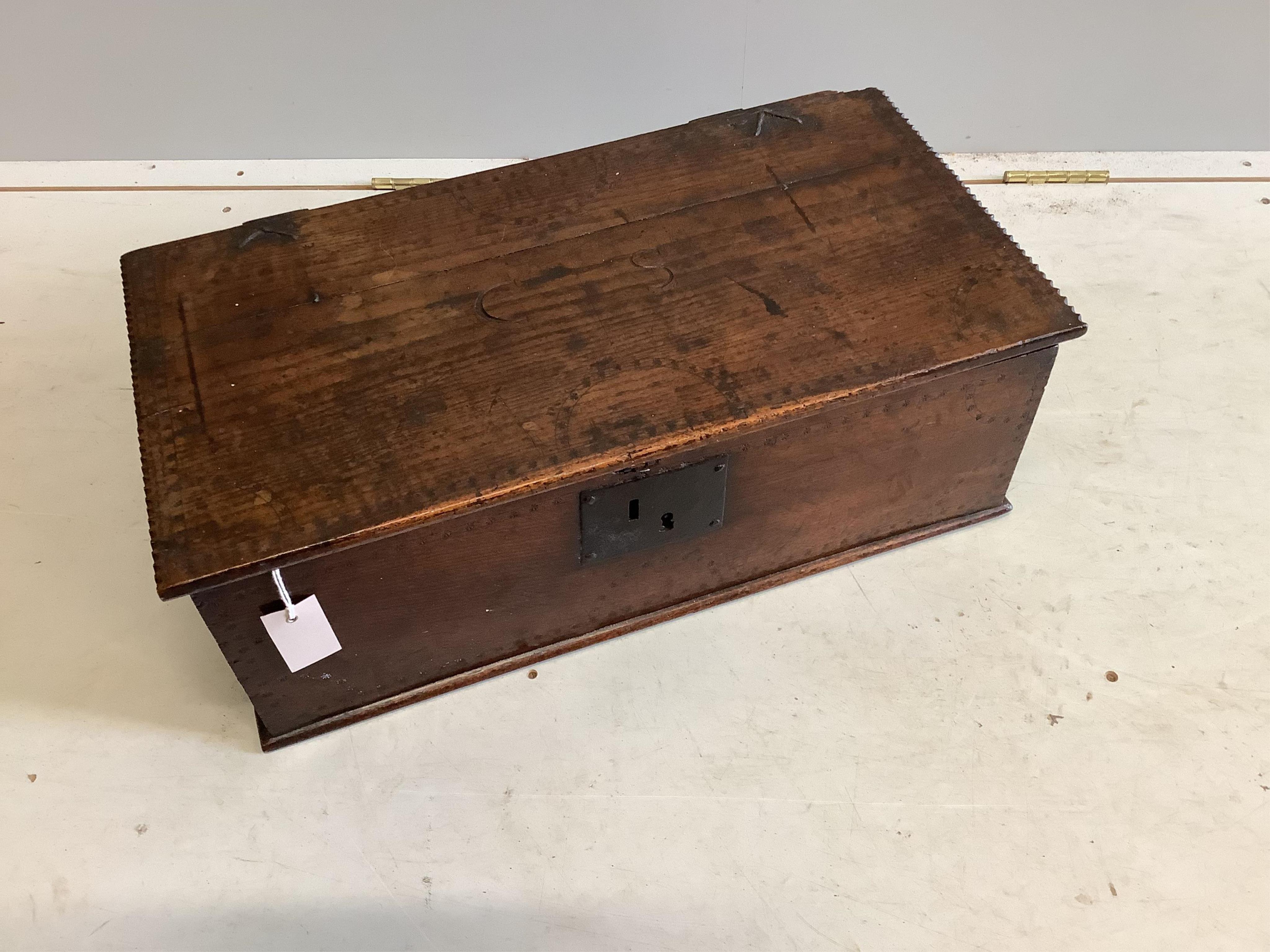 An 18th century oak bible box, width 63cm, depth 33cm, height 22cm. Condition - fair